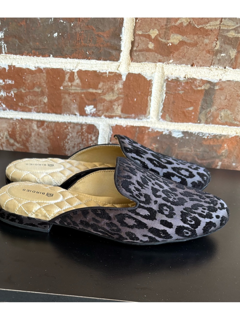 Birdies The Phoebe Black Leopard Velvet Slip On Mules Size 8
